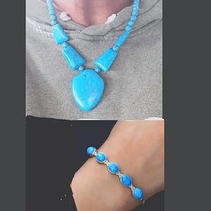 Blue Howelite Arrow Head Statement Necklace and Bracelet in Stainless Steel